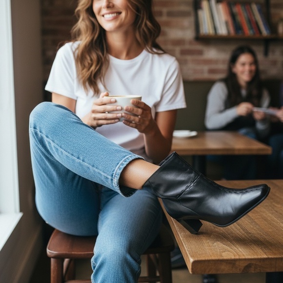 Markon Shoes - Markon Black Leather Ankle Boots 8M Brazil Square Toe Stitched Detail Heel Goth